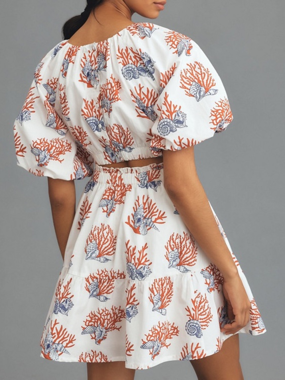 Anthropologie Priya Israni Coral Seashell Puff Sleeve Cutout Mini Dress S - Picture 3 of 14